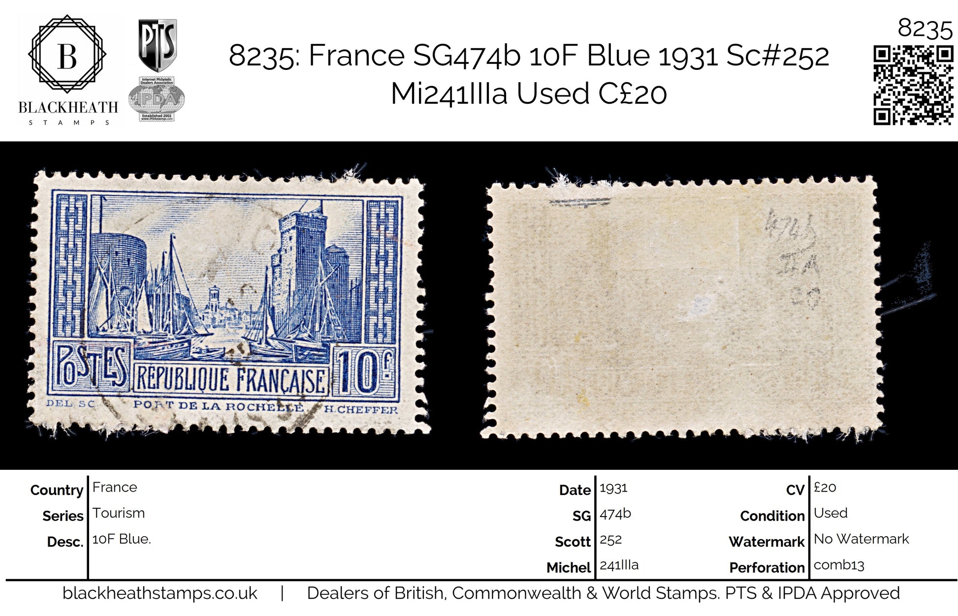 8235: France SG474b 10F Blue 1931 Sc#252 Mi241IIIa Used C£20