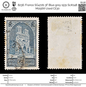 8236: France SG472b 3F Blue grey 1931 Sc#248 Mi256III Used C£30