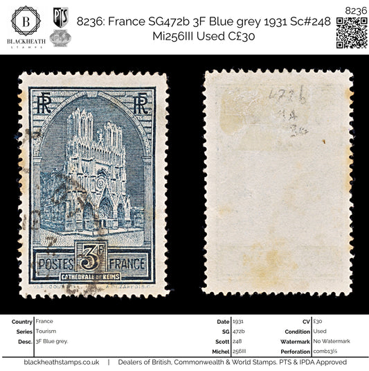 8236: France SG472b 3F Blue grey 1931 Sc#248 Mi256III Used C£30