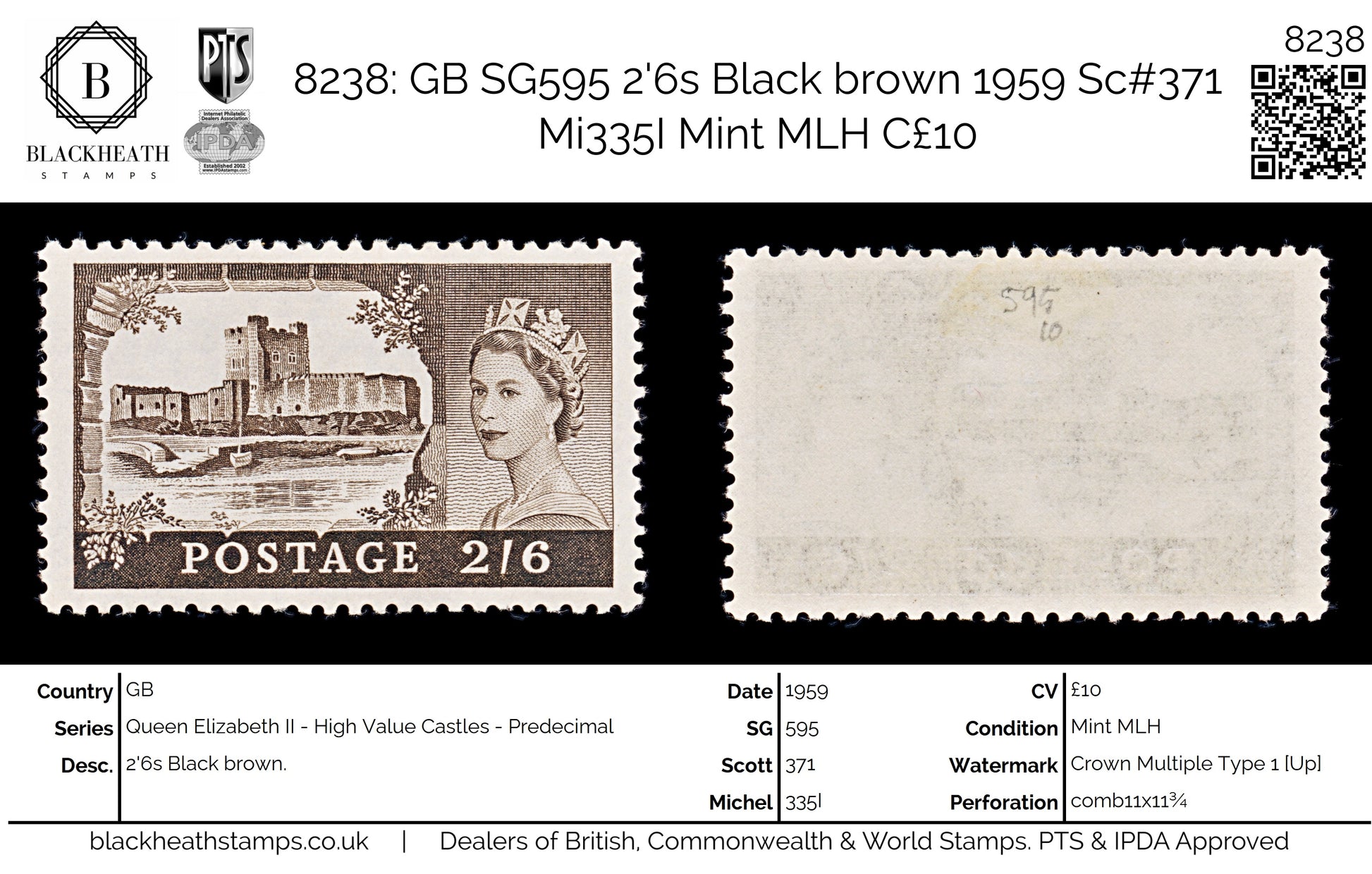 8238: GB SG595 2'6s Black brown 1959 Sc#371 Mi335I Mint MLH C£10