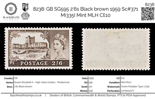 8238: GB SG595 2'6s Black brown 1959 Sc#371 Mi335I Mint MLH C£10