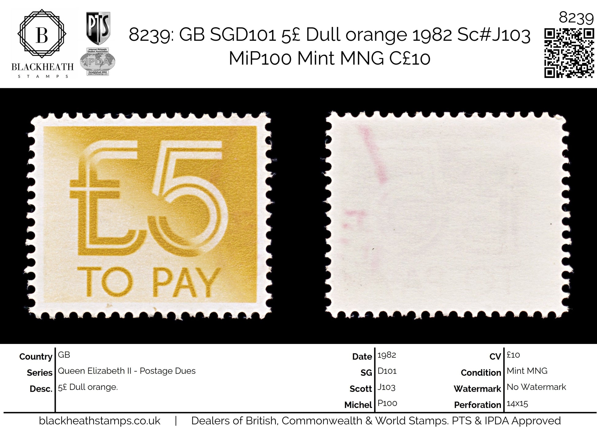 8239: GB SGD101 5£ Dull orange 1982 Sc#J103 MiP100 Mint MNG C£10