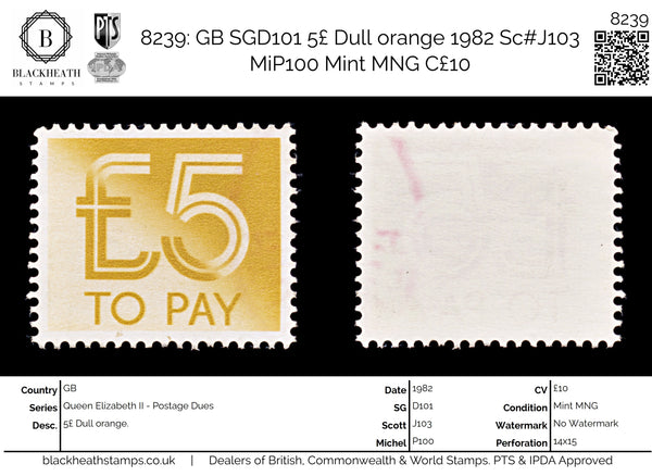 8239: GB SGD101 5£ Dull orange 1982 Sc#J103 MiP100 Mint MNG C£10