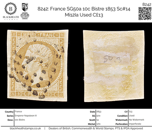 8242: France SG50a 10c Bistre 1853 Sc#14 Mi12Ia Used C£13