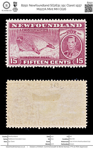 8250: Newfoundland SG263c 15c Claret 1937 Mi227A Mint MH C£26