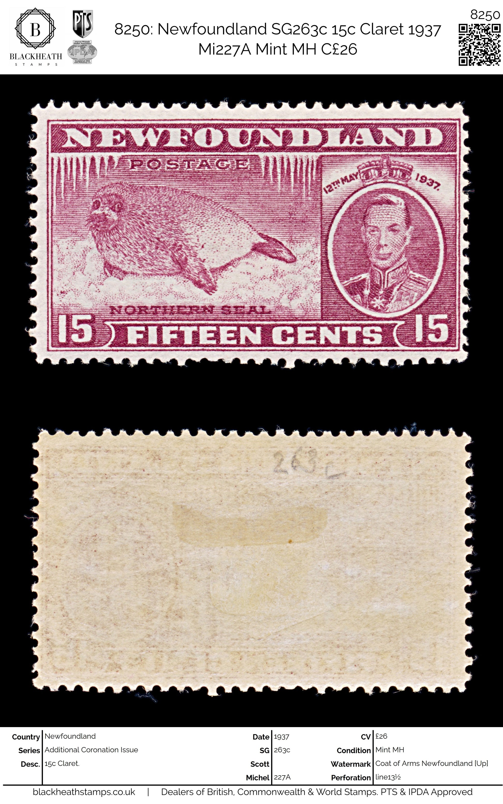 8250: Newfoundland SG263c 15c Claret 1937 Mi227A Mint MH C£26