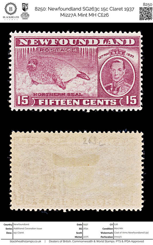 8250: Newfoundland SG263c 15c Claret 1937 Mi227A Mint MH C£26