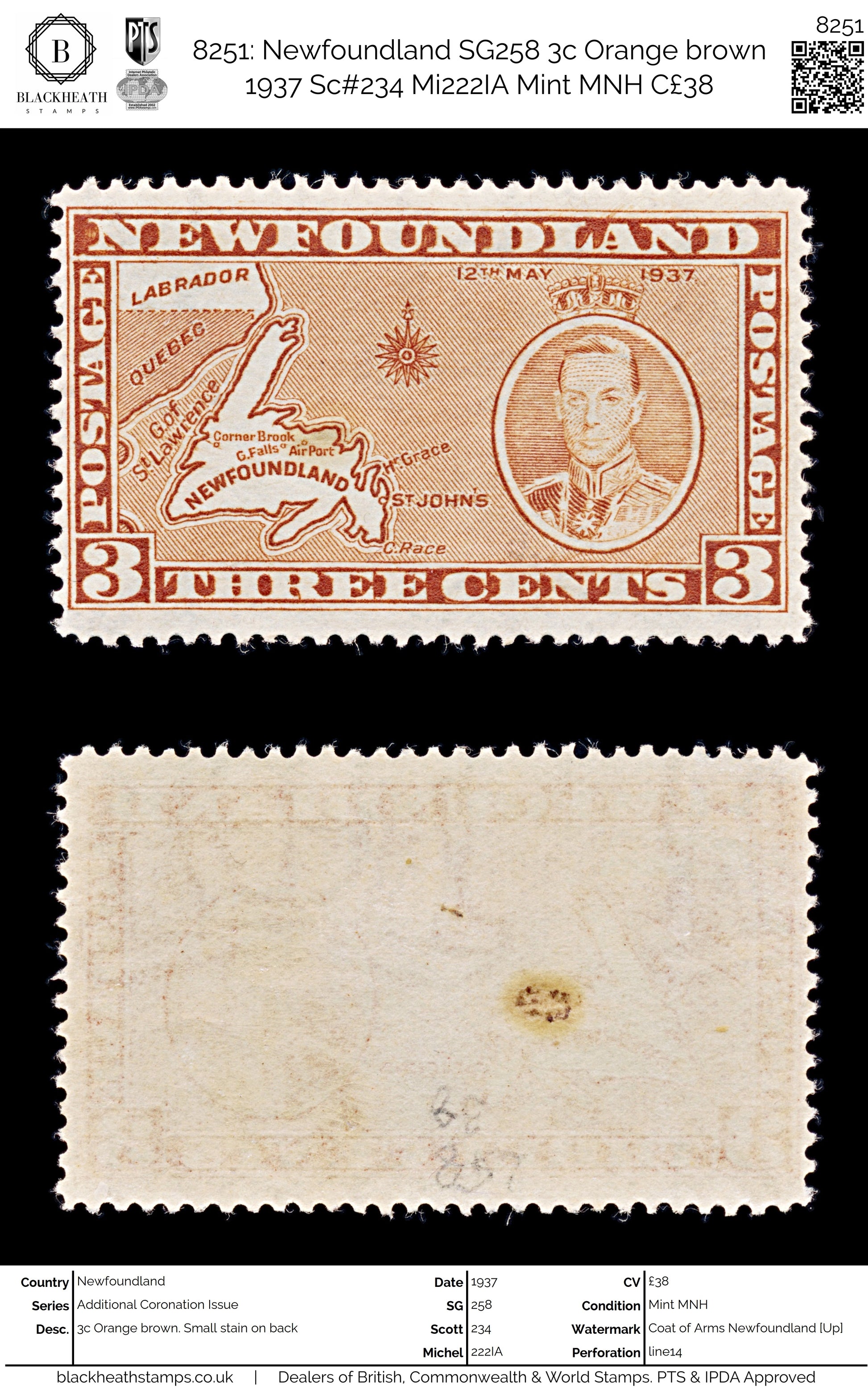 8251: Newfoundland SG258 3c Orange brown 1937 Sc#234 Mi222IA Mint MNH C£38