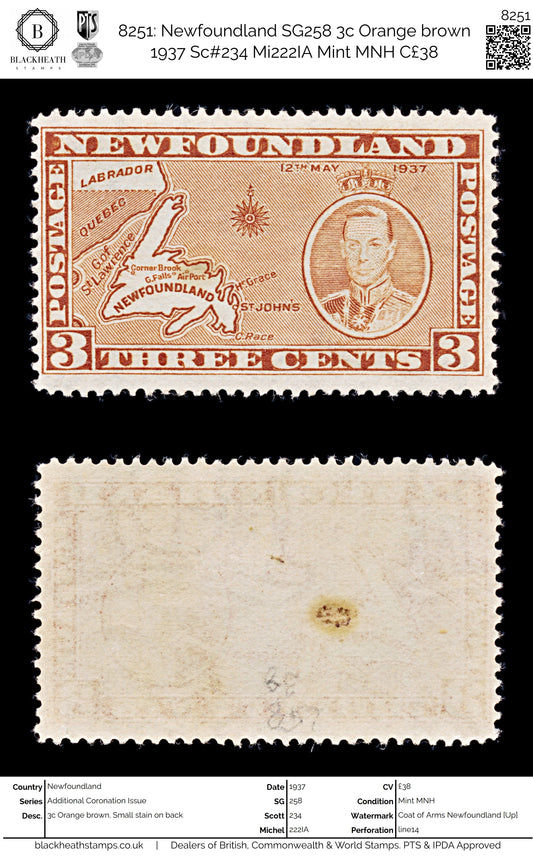 8251: Newfoundland SG258 3c Orange brown 1937 Sc#234 Mi222IA Mint MNH C£38