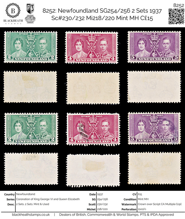 8252: Newfoundland SG254/256 2 Sets 1937 Sc#230/232 Mi218/220 Mint MH C£15