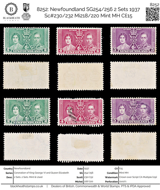 8252: Newfoundland SG254/256 2 Sets 1937 Sc#230/232 Mi218/220 Mint MH C£15