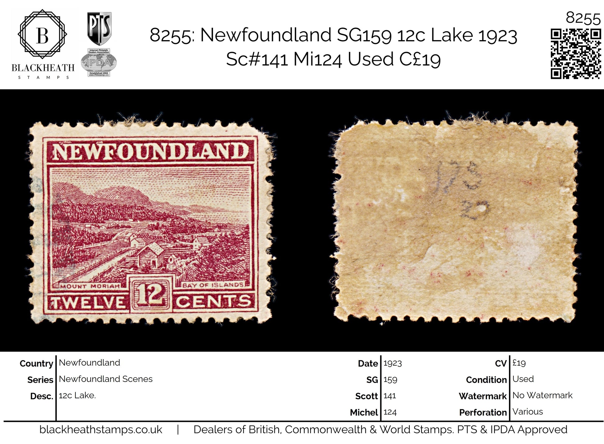 8255: Newfoundland SG159 12c Lake 1923 Sc#141 Mi124 Used C£19