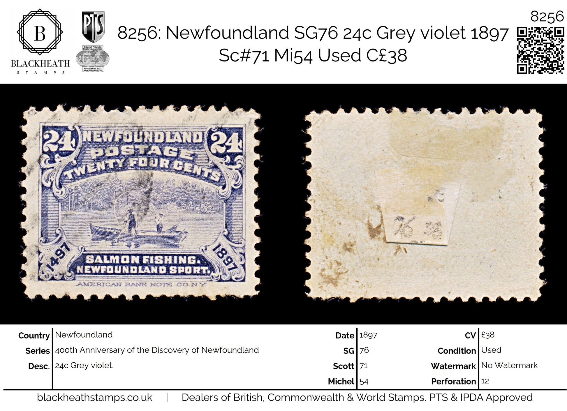 8256: Newfoundland SG76 24c Grey violet 1897 Sc#71 Mi54 Used C£38