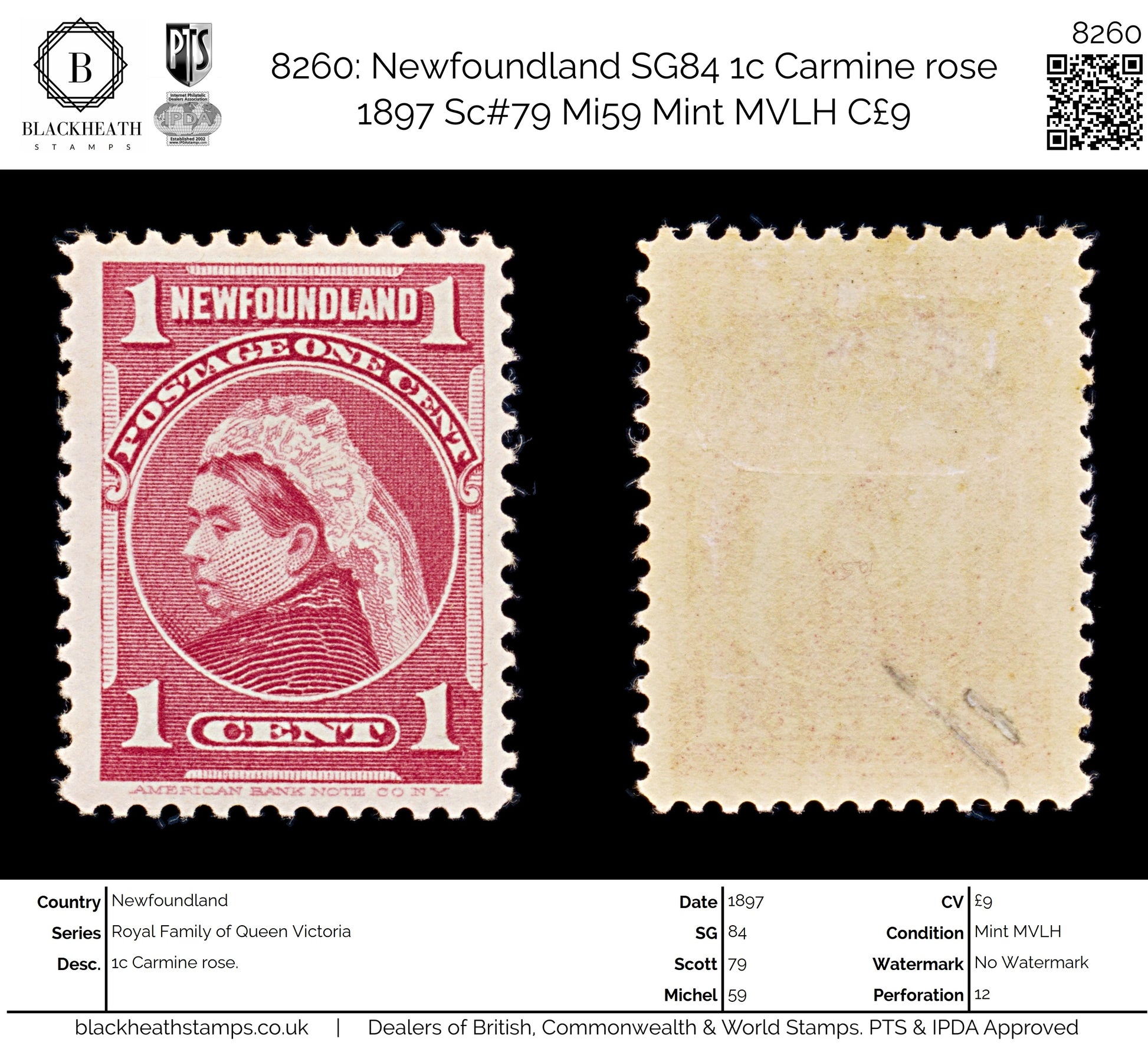 8260: Newfoundland SG84 1c Carmine rose 1897 Sc#79 Mi59 Mint MVLH C£9