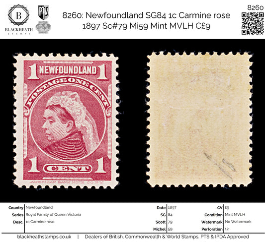 8260: Newfoundland SG84 1c Carmine rose 1897 Sc#79 Mi59 Mint MVLH C£9