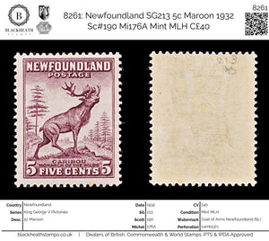 8261: Newfoundland SG213 5c Maroon 1932 Sc#190 Mi176A Mint MLH C£40