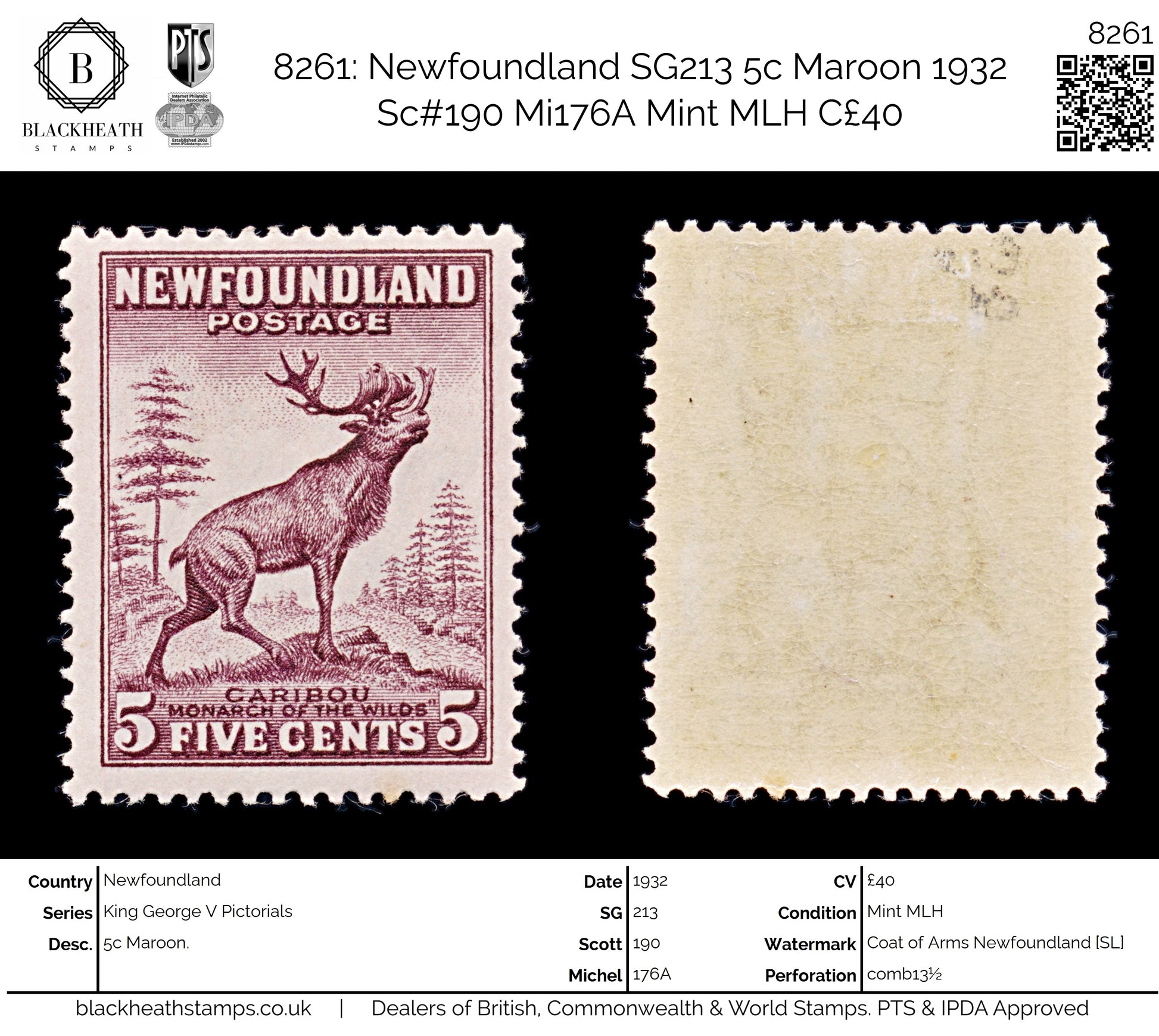 8261: Newfoundland SG213 5c Maroon 1932 Sc#190 Mi176A Mint MLH C£40