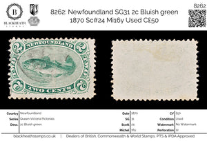 8262: Newfoundland SG31 2c Bluish green 1870 Sc#24 Mi16y Used C£50