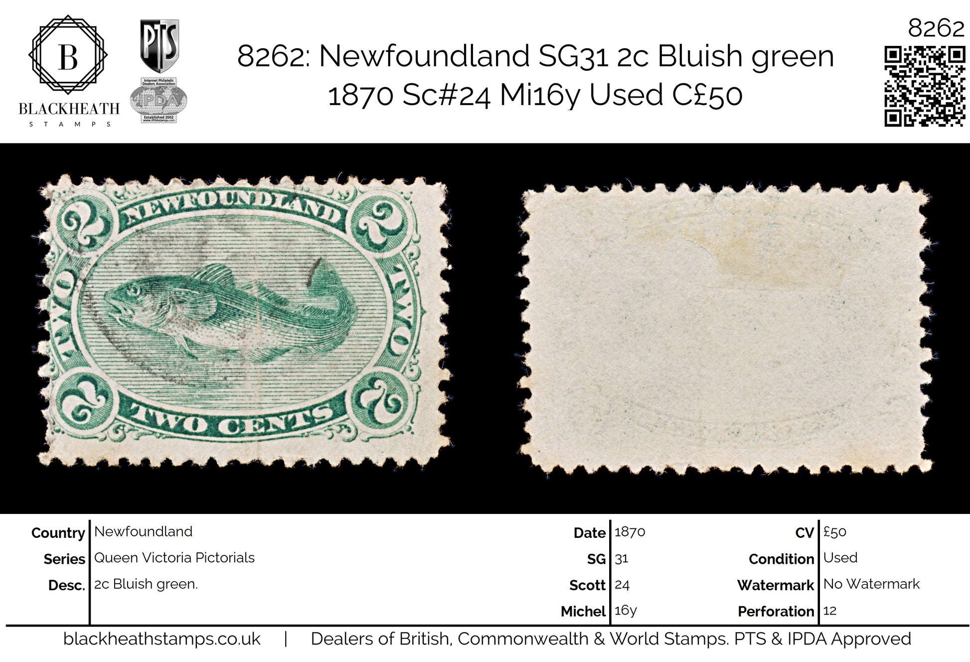 8262: Newfoundland SG31 2c Bluish green 1870 Sc#24 Mi16y Used C£50