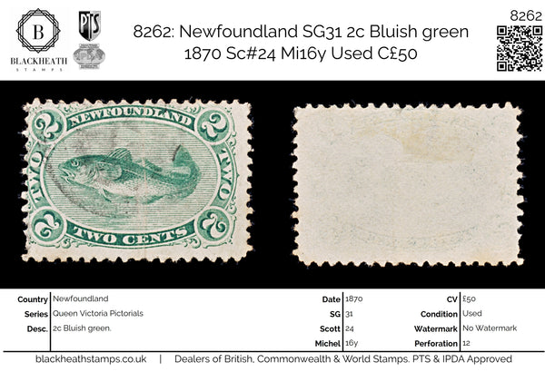 8262: Newfoundland SG31 2c Bluish green 1870 Sc#24 Mi16y Used C£50