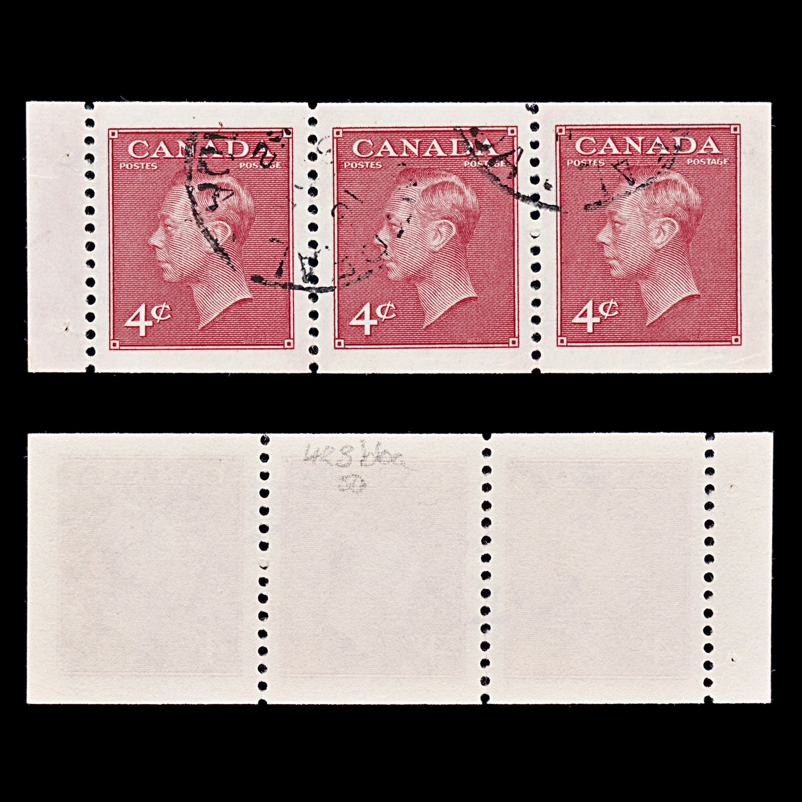 8266: Canada SG423ba 4c Carmine. Booklet Strip 1950 Sc#287a MiHB52 Used C£50