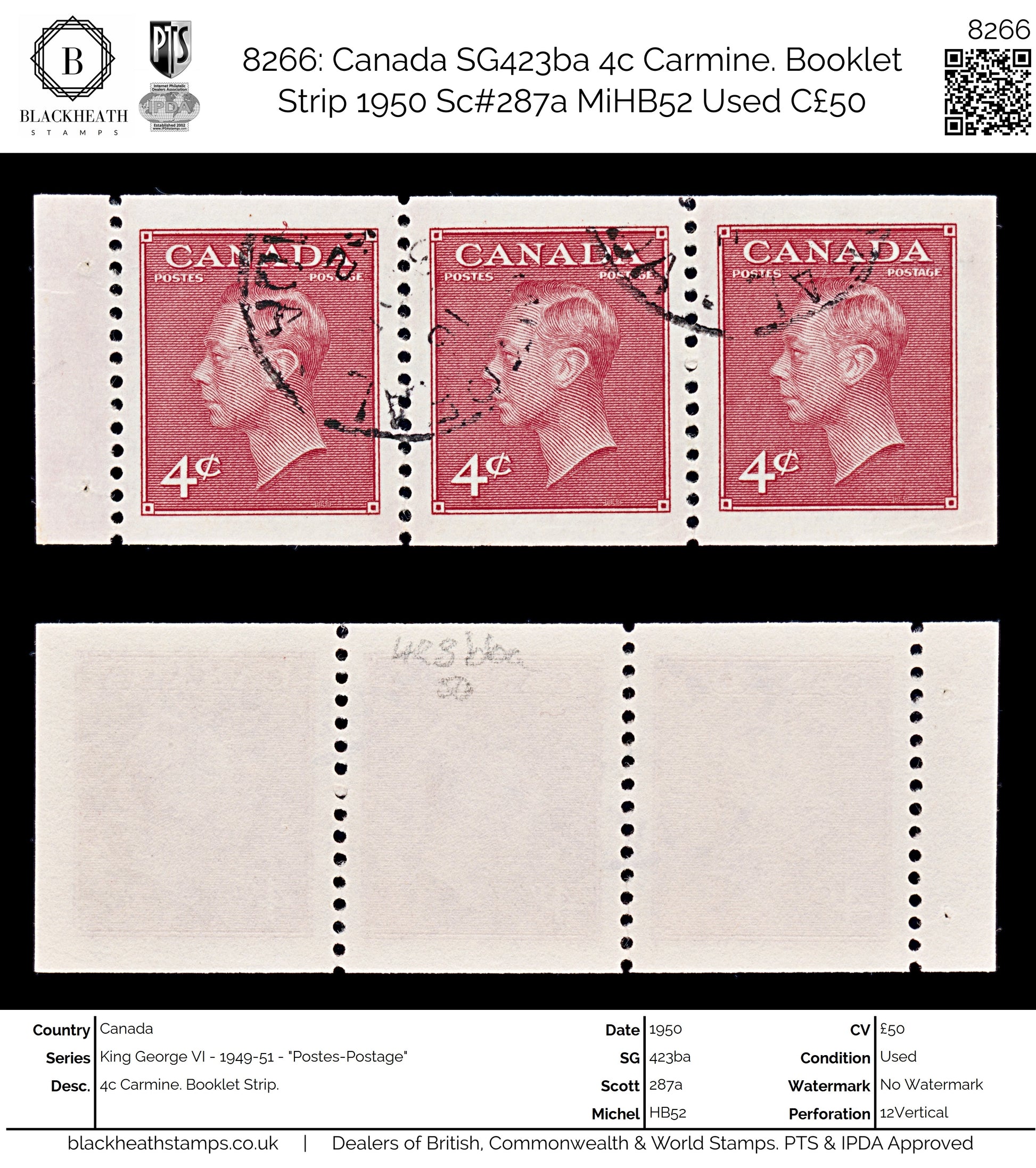 8266: Canada SG423ba 4c Carmine. Booklet Strip 1950 Sc#287a MiHB52 Used C£50
