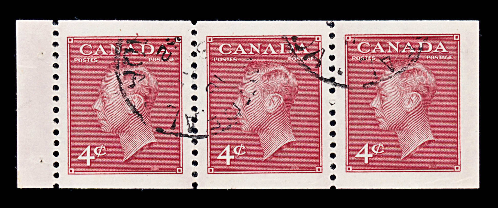 8266: Canada SG423ba 4c Carmine. Booklet Strip 1950 Sc#287a MiHB52 Used C£50