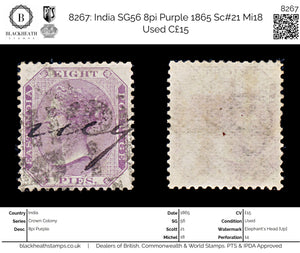 8267: India SG56 8pi Purple 1865 Sc#21 Mi18 Used C£15