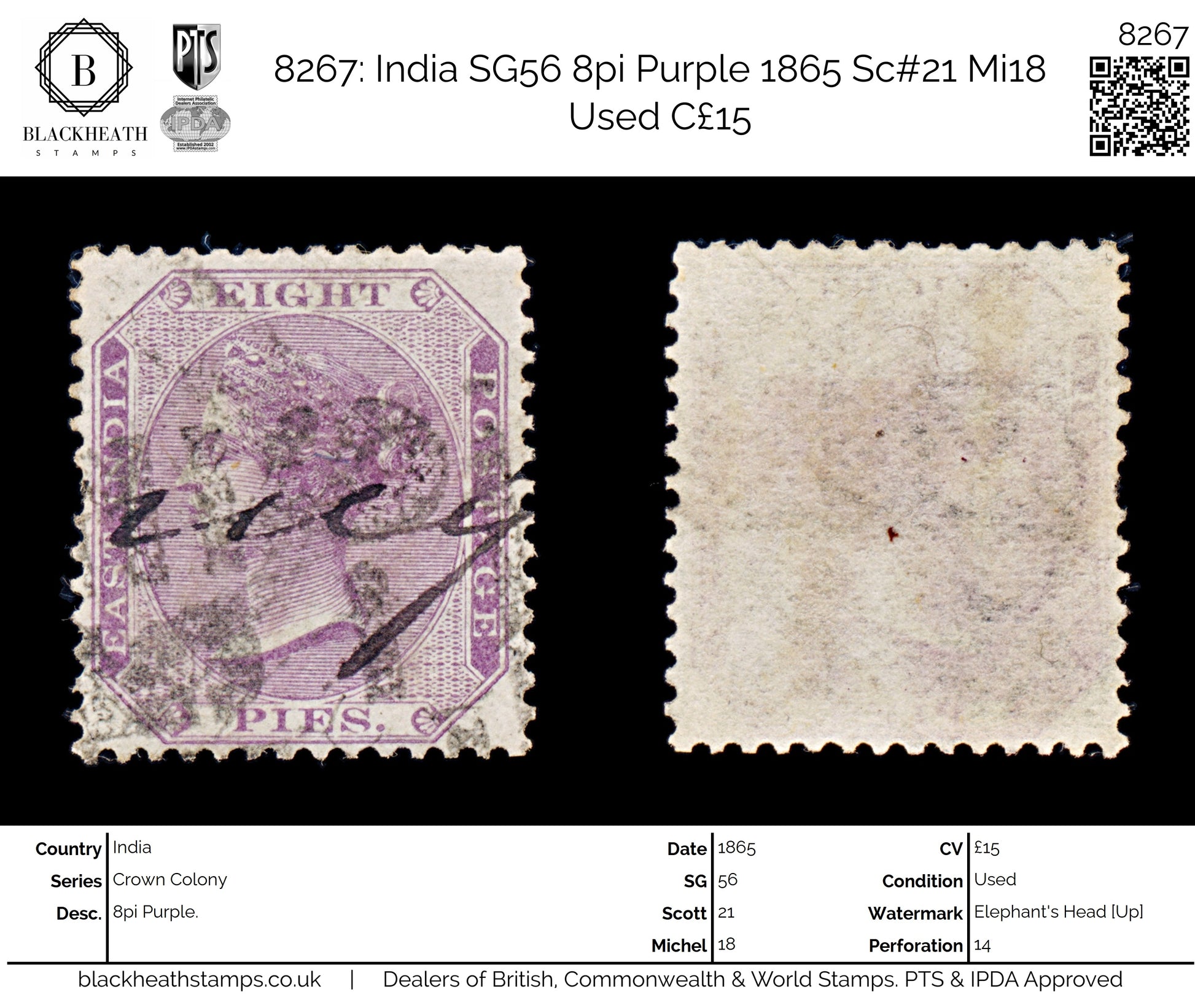 8267: India SG56 8pi Purple 1865 Sc#21 Mi18 Used C£15