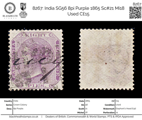 8267: India SG56 8pi Purple 1865 Sc#21 Mi18 Used C£15