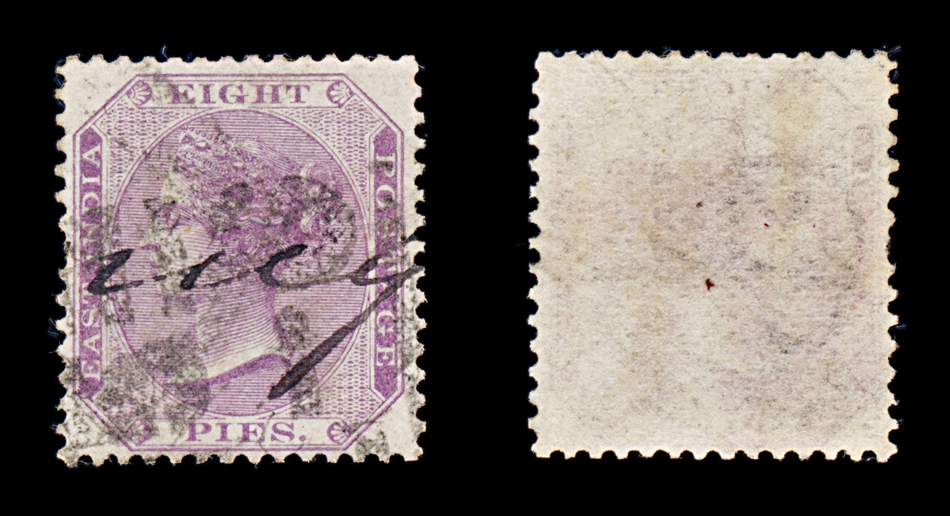 8267: India SG56 8pi Purple 1865 Sc#21 Mi18 Used C£15