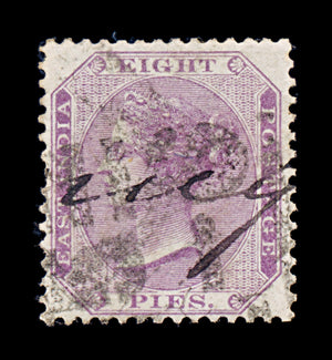 8267: India SG56 8pi Purple 1865 Sc#21 Mi18 Used C£15