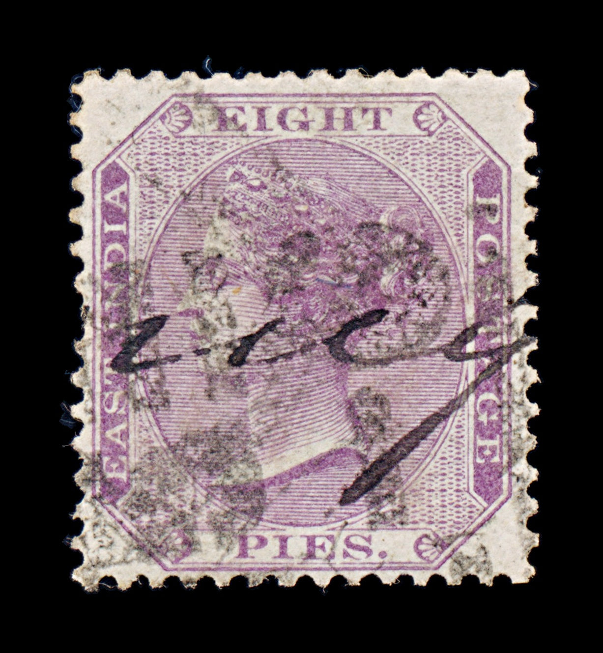 8267: India SG56 8pi Purple 1865 Sc#21 Mi18 Used C£15