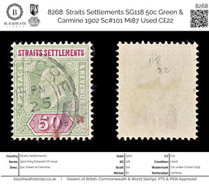 8268: Straits Settlements SG118 50c Green & Carmine 1902 Sc#101 Mi87 Used C£22