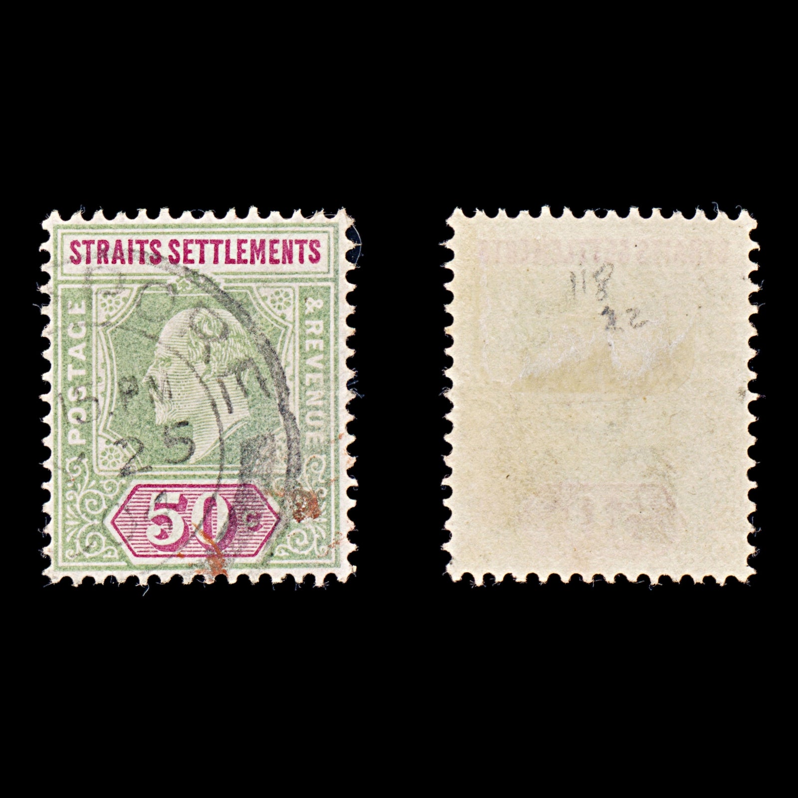 8268: Straits Settlements SG118 50c Green & Carmine 1902 Sc#101 Mi87 Used C£22