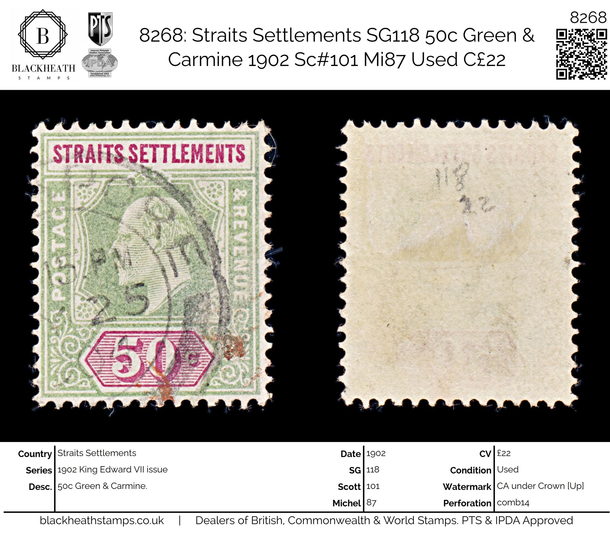 8268: Straits Settlements SG118 50c Green & Carmine 1902 Sc#101 Mi87 Used C£22