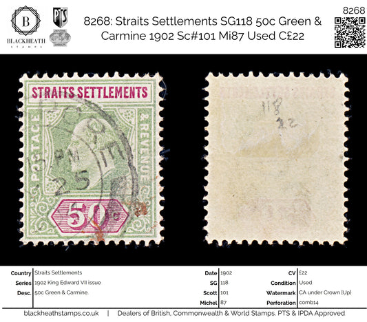 8268: Straits Settlements SG118 50c Green & Carmine 1902 Sc#101 Mi87 Used C£22