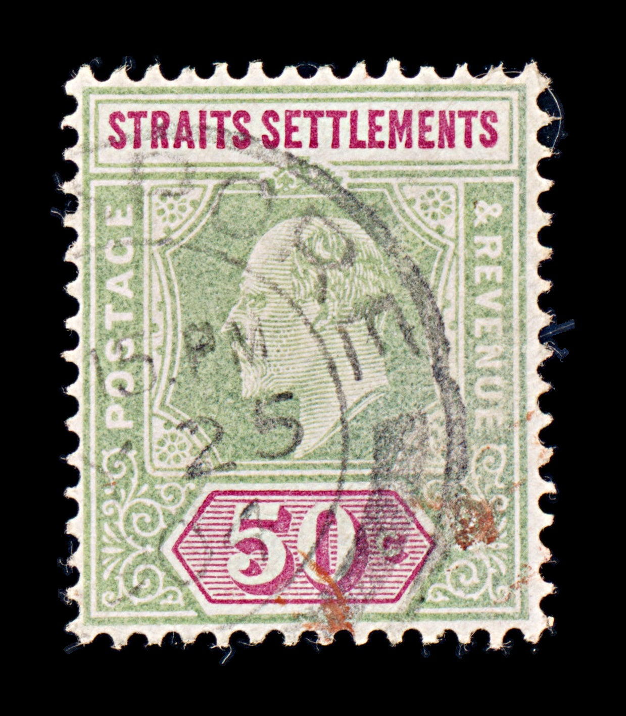8268: Straits Settlements SG118 50c Green & Carmine 1902 Sc#101 Mi87 Used C£22