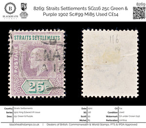 8269: Straits Settlements SG116 25c Green & Purple 1902 Sc#99 Mi85 Used C£14