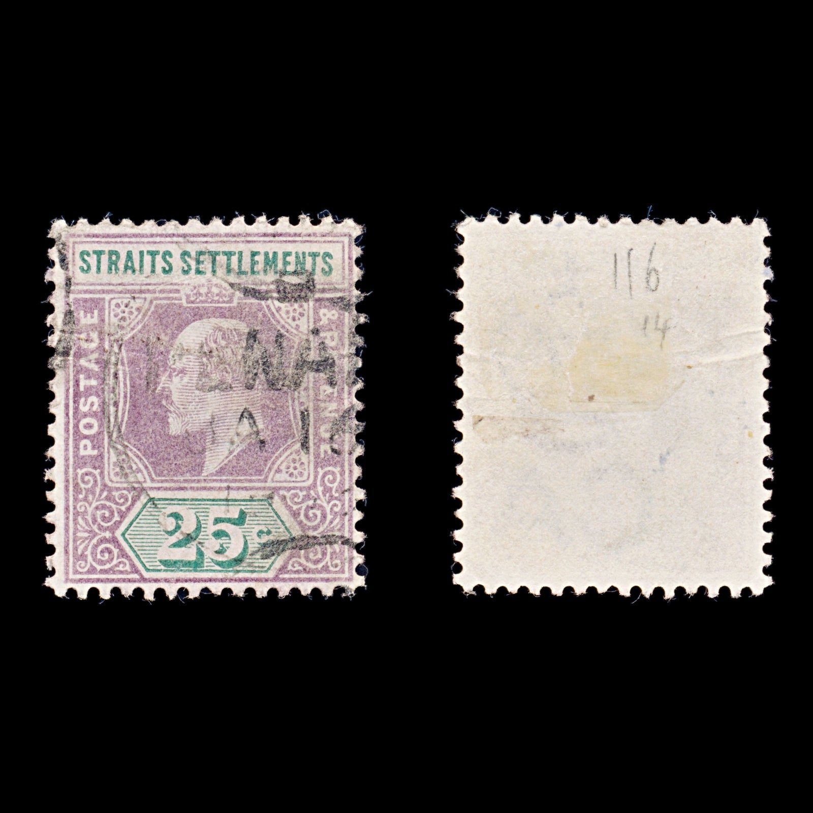 8269: Straits Settlements SG116 25c Green & Purple 1902 Sc#99 Mi85 Used C£14