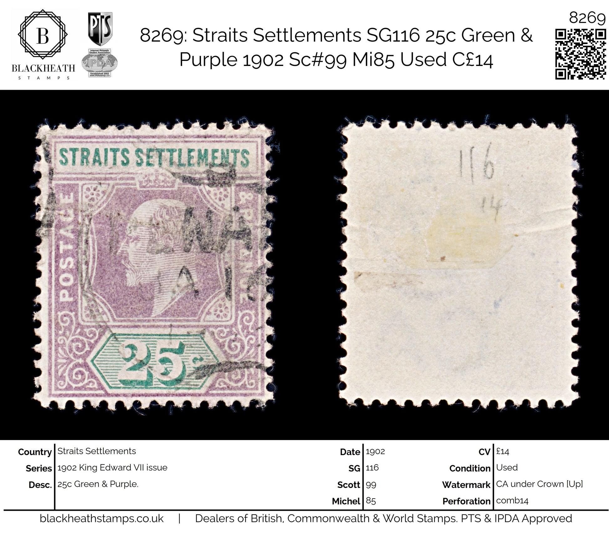 8269: Straits Settlements SG116 25c Green & Purple 1902 Sc#99 Mi85 Used C£14