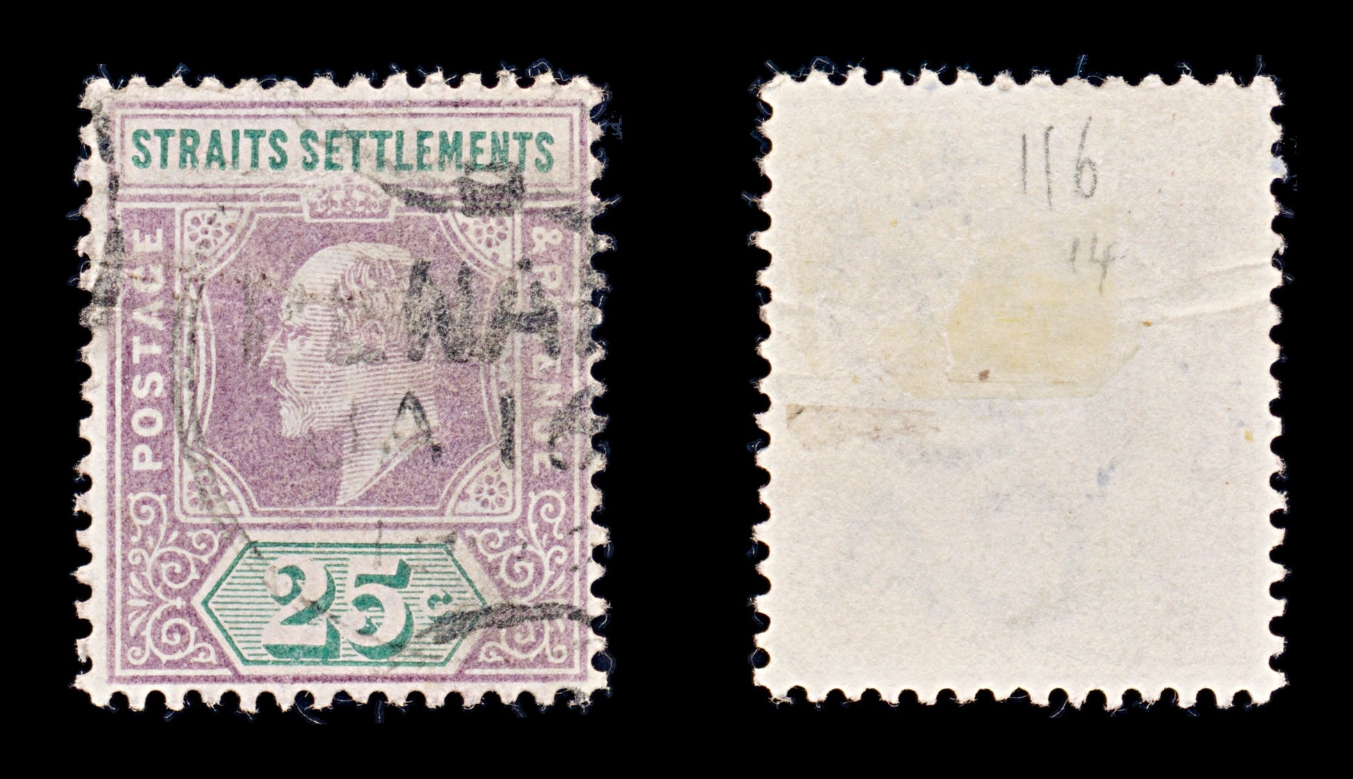 8269: Straits Settlements SG116 25c Green & Purple 1902 Sc#99 Mi85 Used C£14