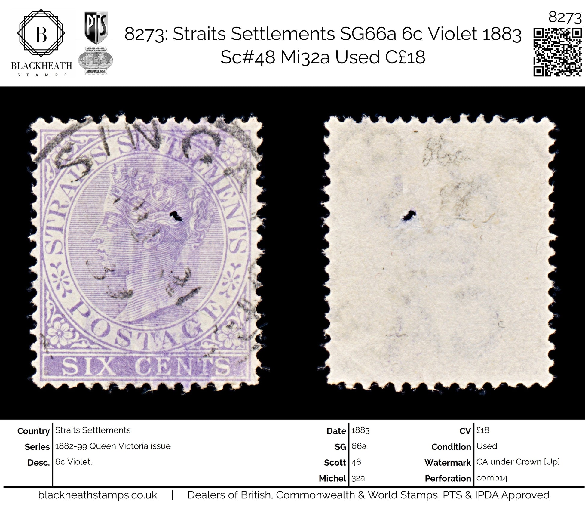 8273: Straits Settlements SG66a 6c Violet 1883 Sc#48 Mi32a Used C£18