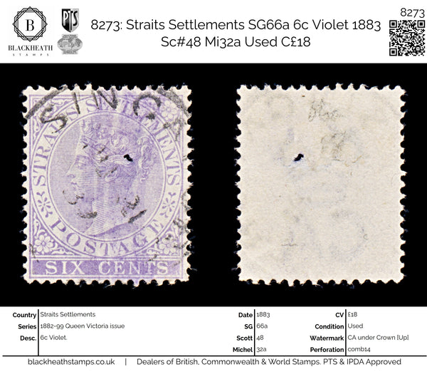 8273: Straits Settlements SG66a 6c Violet 1883 Sc#48 Mi32a Used C£18