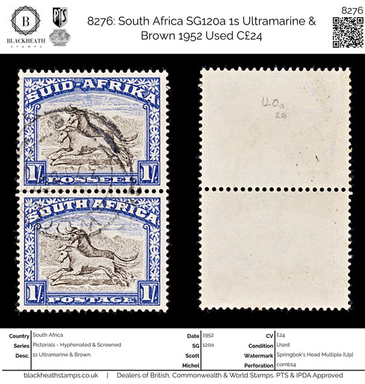 8276: South Africa SG120a 1s Ultramarine & Brown 1952 Used C£24