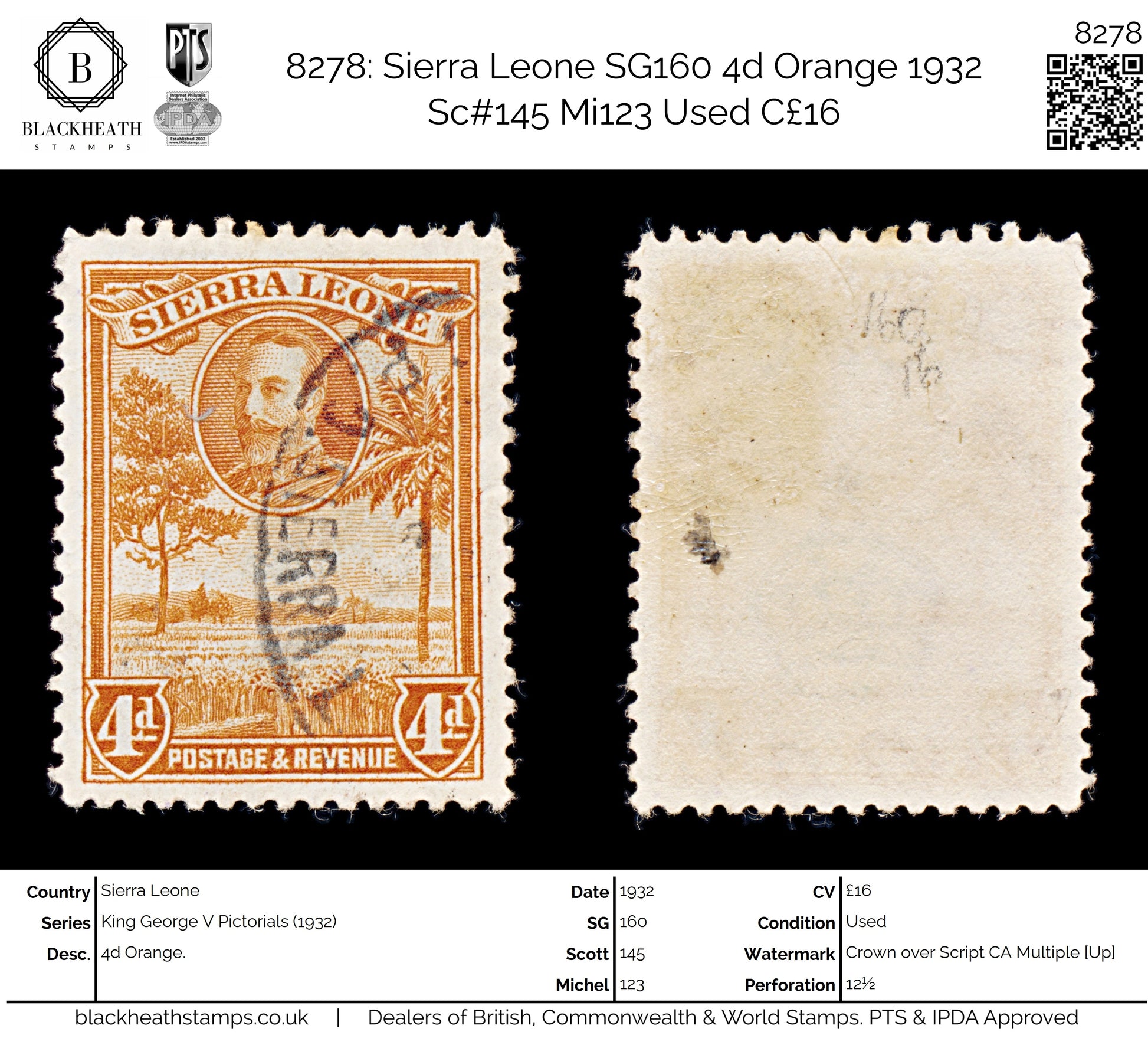 8278: Sierra Leone SG160 4d Orange 1932 Sc#145 Mi123 Used C£16
