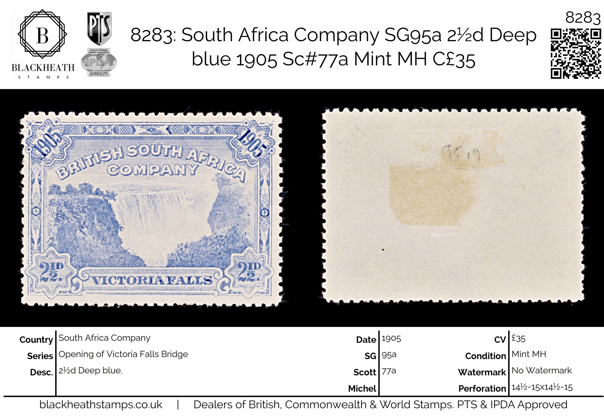 8283: South Africa Company SG95a 2½d Deep blue 1905 Sc#77a Mint MH C£35