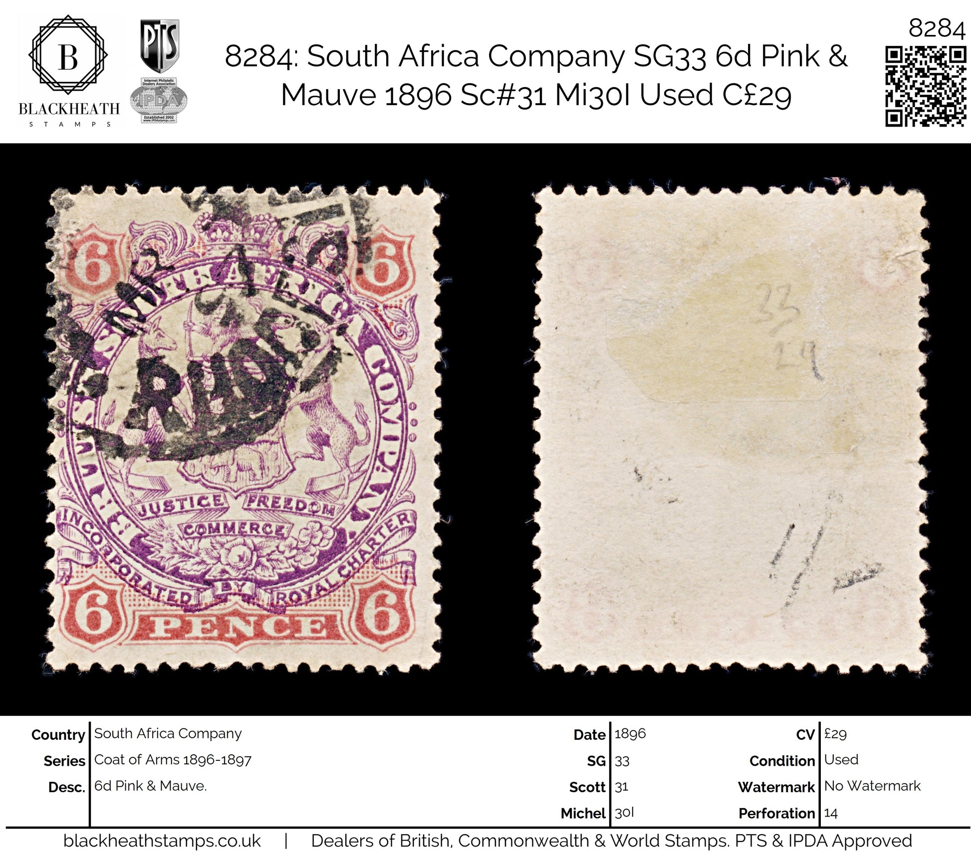 8284: South Africa Company SG33 6d Pink & Mauve 1896 Sc#31 Mi30I Used C£29