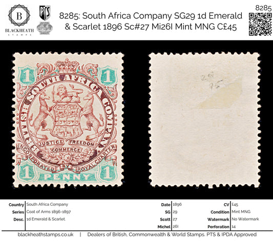 8285: South Africa Company SG29 1d Emerald & Scarlet 1896 Sc#27 Mi26I Mint MNG C£45