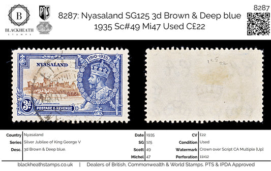 8287: Nyasaland SG125 3d Brown & Deep blue 1935 Sc#49 Mi47 Used C£22